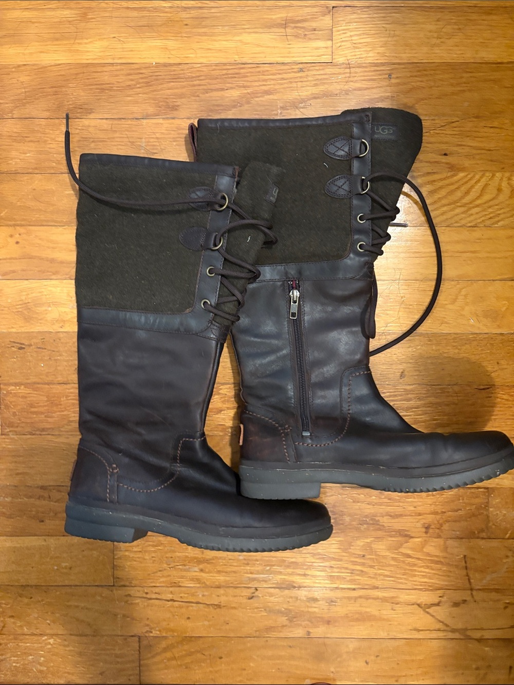 UGG Women's Tall Lace-Up Leather & Wool Boots in Dark Brown Waterproof
